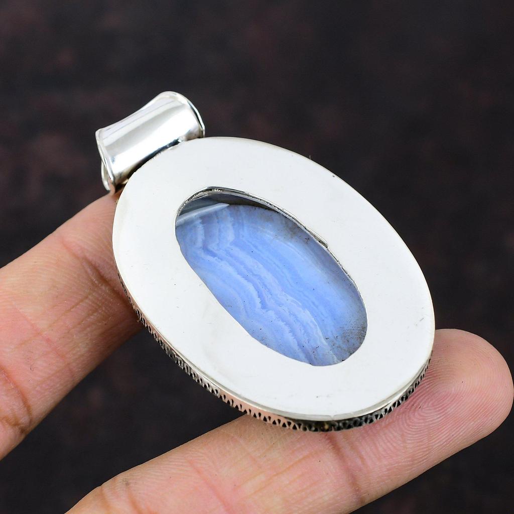 Синий кружевной кулон с агатом, стерлинговое серебро 925 пробы, винтажный кулон, синий кружевной агат, драгоценные камни, ювелирные изделия ручной работы, новый кулон, подарок для нее