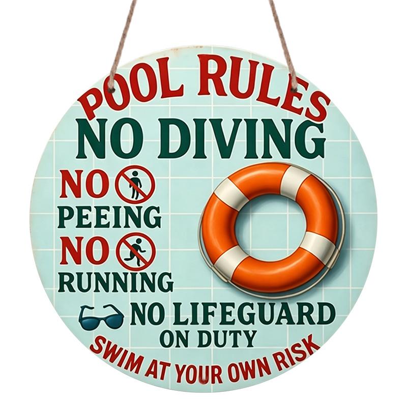 2D Flat, 1pc Round Aluminum Hanging Sign, Funny "Pool Rules No Lifeguard On Duty" Print, Durable Outdoor Wall Decor, Perfect for Poolside, Backyard