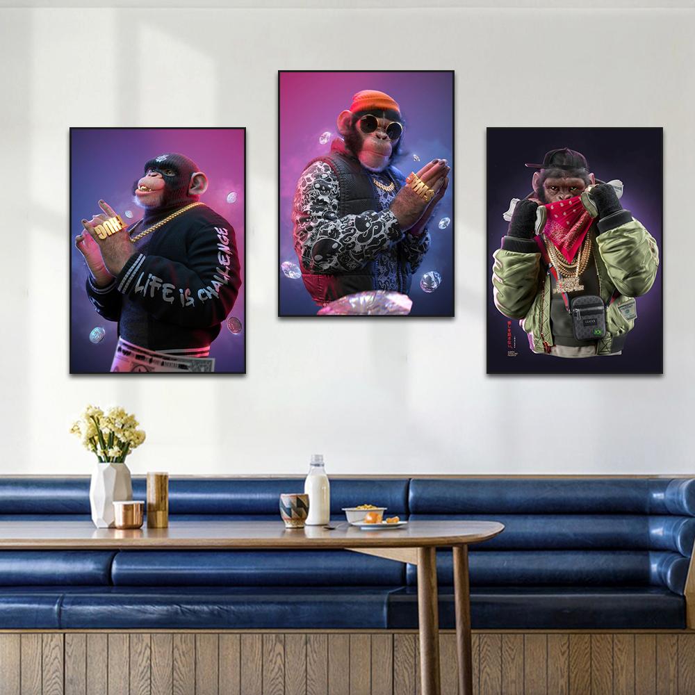 Богатые деньги, хип-хоп, горилла, плакат с принтом, крутая маска, солнцезащитные очки, обезьяна, холст, картина, забавное настенное художественное украшение в гостиной