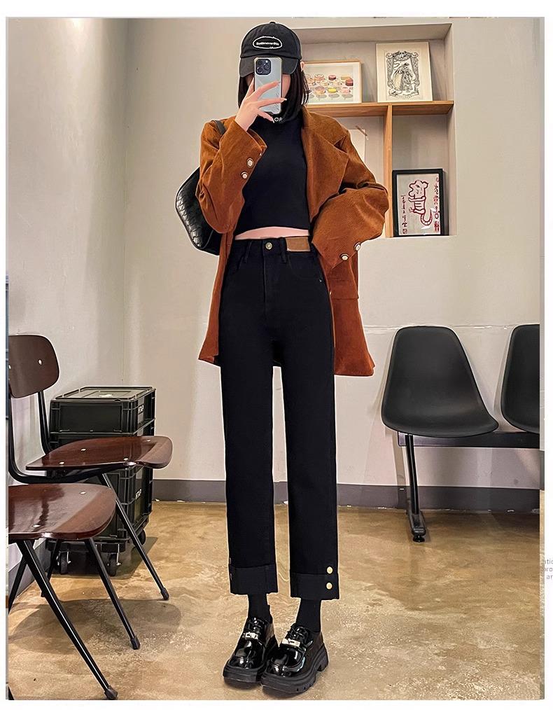 Женские джинсы-сигареты прямого кроя с высокой посадкой на флисовой подкладке: Мода Осень/Зима, Маленькая Длина Девять Девятых.