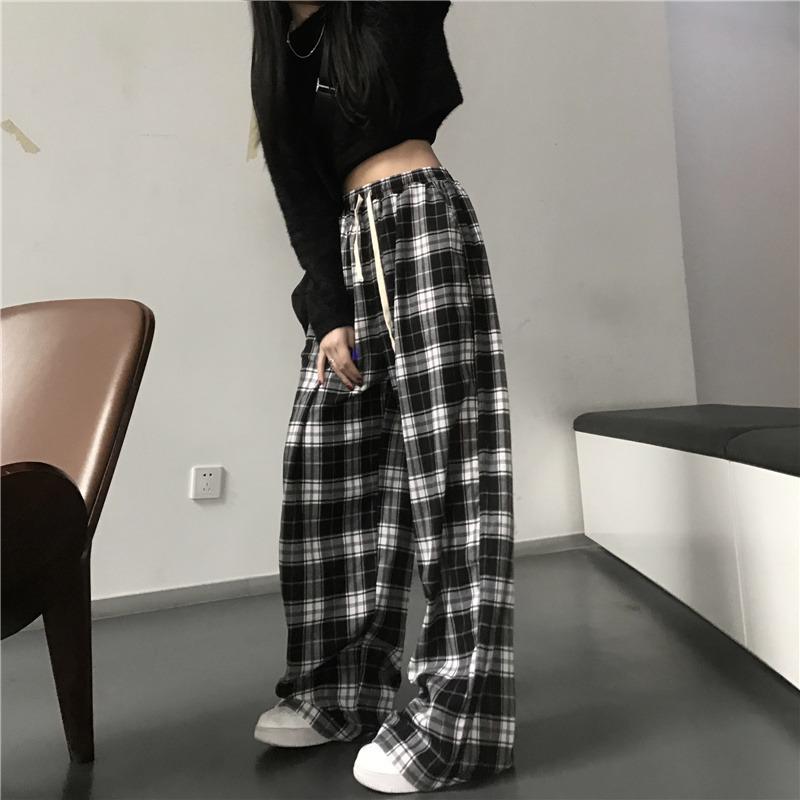 Women's Black & White Plaid Wide-Leg Pants - Summer Korean Style, Loose and Draped Fit