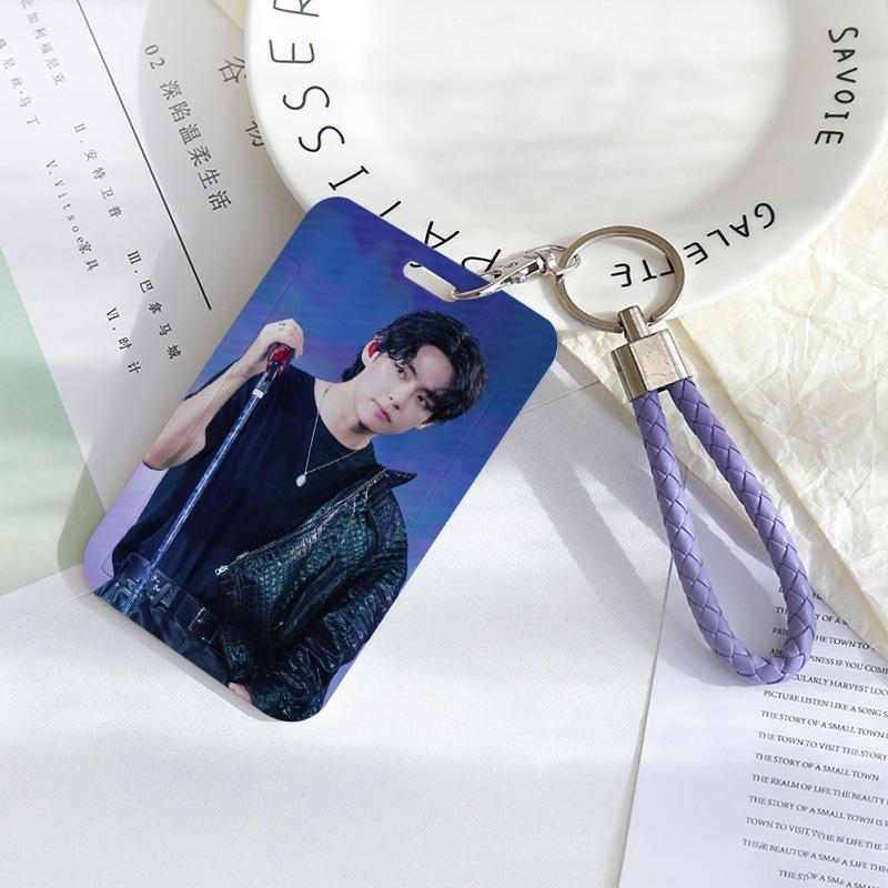 BTS Sliding Photocard Holder, Protective ID Badge Card Case with Braided Keychain Strap, Student Campus Bus Meal Card Protector Merch for ARMY