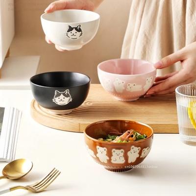 Корейская миска с изображением медведя Kawaii, керамическая миска для риса с котенком, миска для овсянки и молока, безопасная для использования в микроволновке, бытовая тарелка для кошек