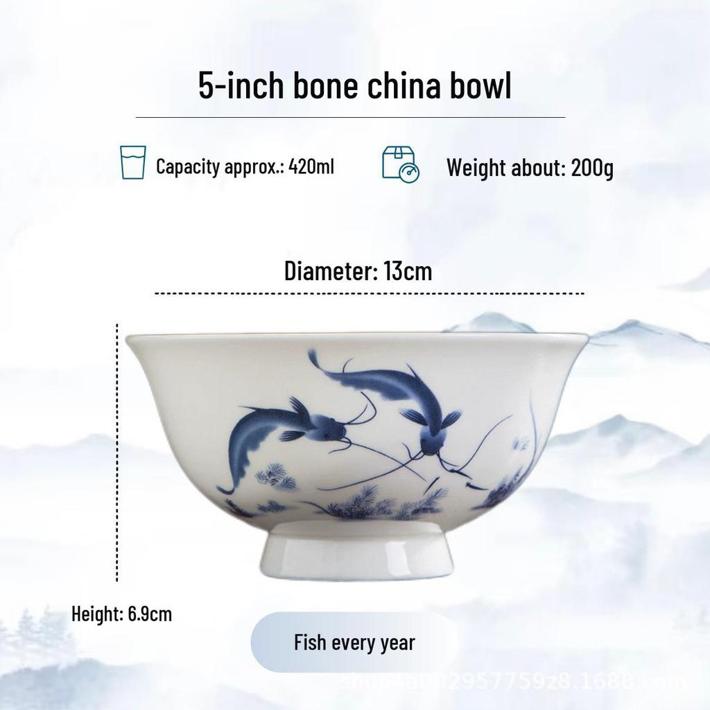 Сине-белая костяная фарфоровая глубокая тарелка для лапши на высокой ножке - Китайский стиль, Термозащитная, Персонализируемая для дней рождений