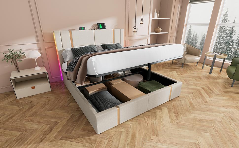 Upholstered double bed USB Type C charging APP control LED 180×200 storage bed frame, wooden slatted frame, beige linen material (without mattress)