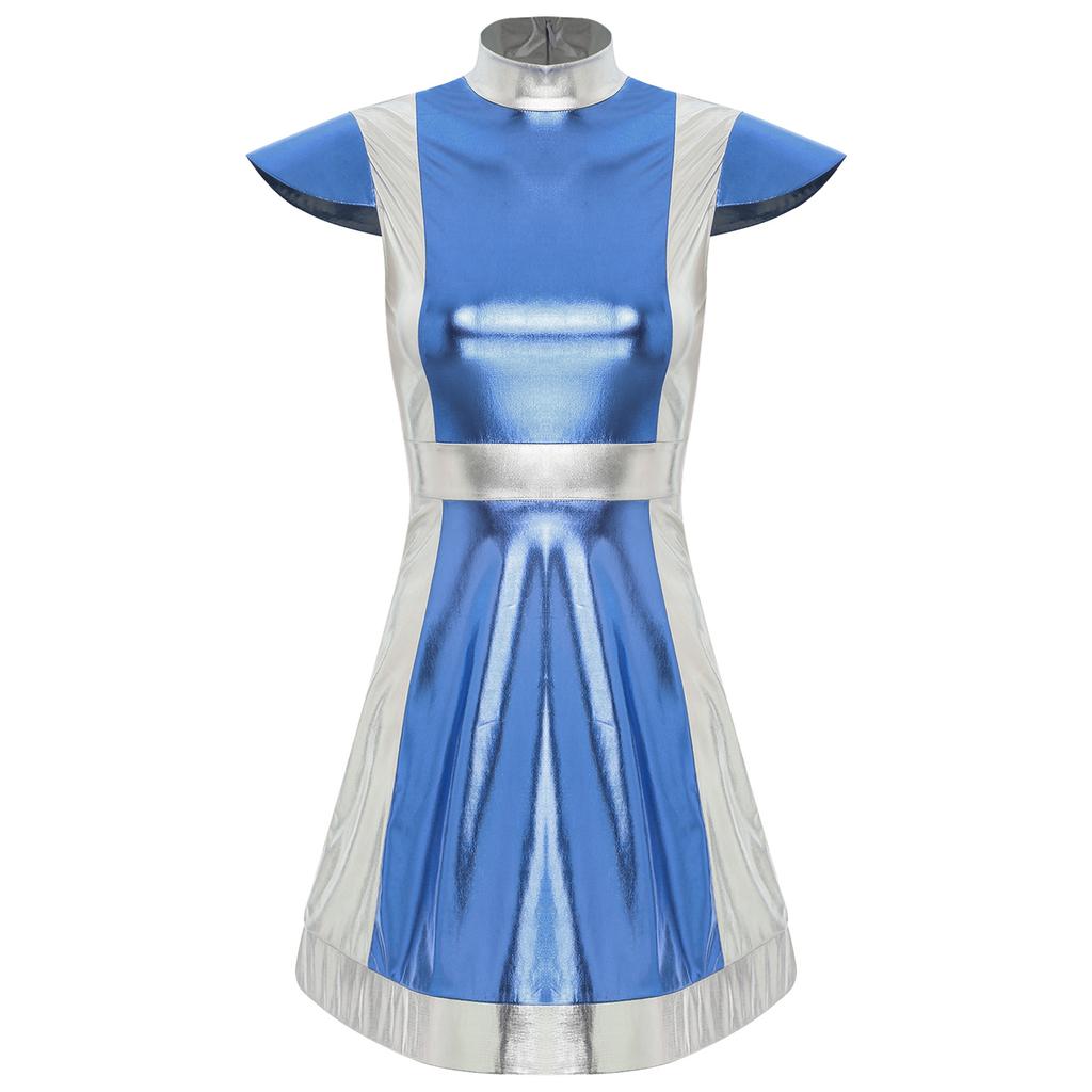 Women's Space Fighter Costume Alien Dress-Up, Metallic Shiny Contrast Dress with Mock Neck & Cap Sleeves for Halloween Cosplay