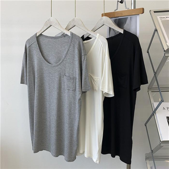 Женская футболка Lazy Style Slim Fit из модала - большой карман, круглый вырез, однотонный цвет, средняя длина