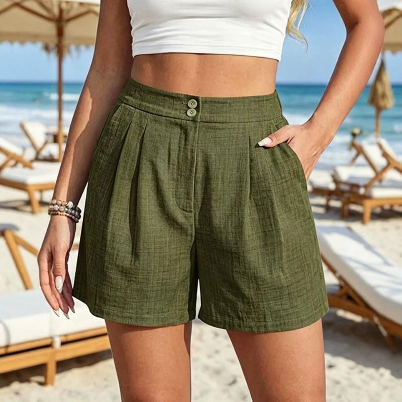 Women Khaki Textured High Waist Double Button Pleated Front Side Pocket Loose Casual Linen Shorts