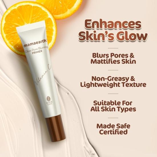 Mamaearth Праймер Glow Pore Blurring с витамином С и куркумой - 25 г | Усиливает сияние кожи | Сужает поры | Помогает макияжу держаться дольше