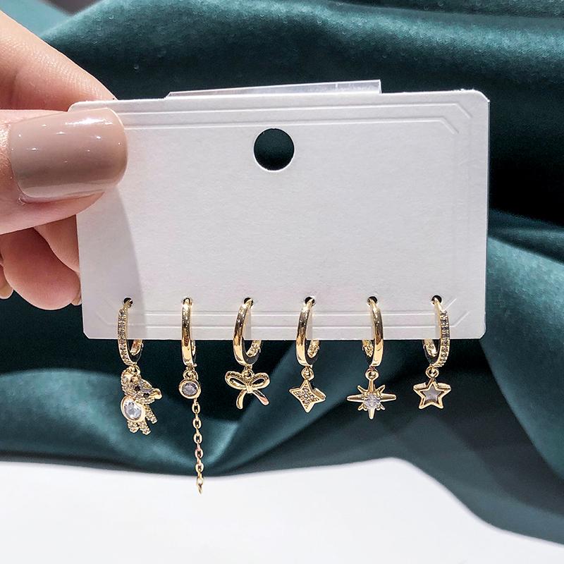 ANENJERY Zircon Star Bowknot Bear Earrings For Women Exquisite Lovely 6-piece Earring Set Girl Gift