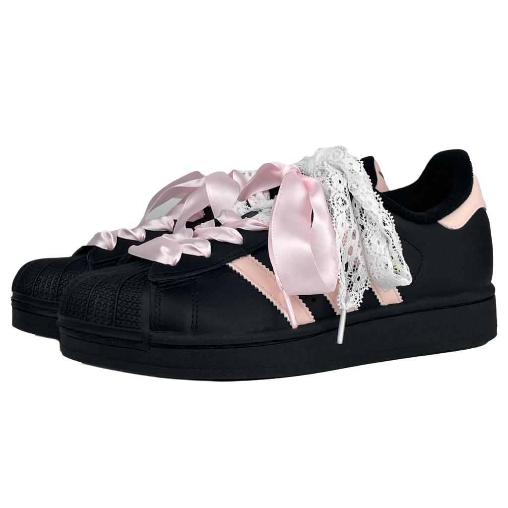 adidas Originals Superstar 2 Шнуровка Sweetheart Устойчивые к истиранию Дышащие Низкие Скейтбордические Кроссовки Женские Черно-Розовые JI0079(Команда1090-)