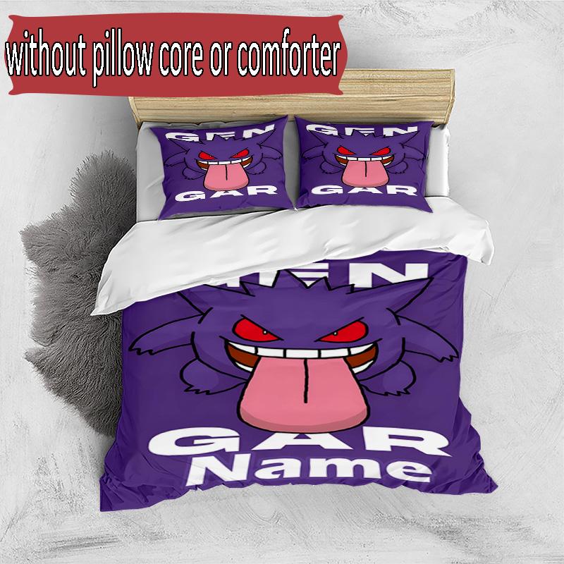 3pcs Duvet Cover Set (1*Duvet Cover + 2*Pillowcase, Without Core), Custom Name Gengar Pattern Bedding Set, Home Bedroom Decor Gift