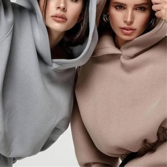 Зимний спортивный костюм из 2 шт./компл., однотонный свободный пуловер с капюшоном, толстые, сохраняющие тепло, топ с эластичной резинкой на талии, спортивные штаны с ремешками на щиколотке