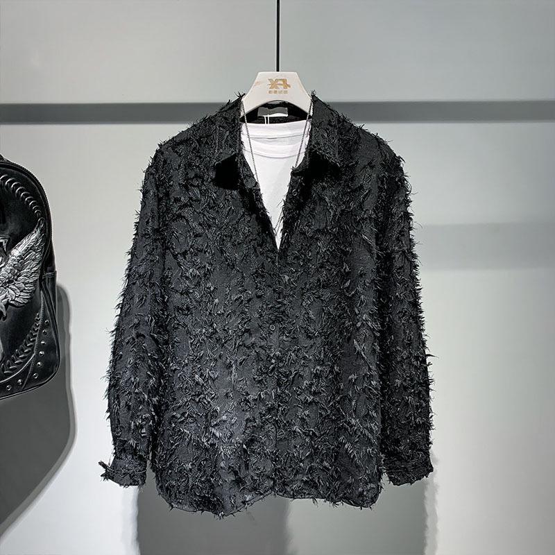 Летняя мужская рубашка с длинным рукавом и лацканами класса люкс 2024 года с меховой отделкой