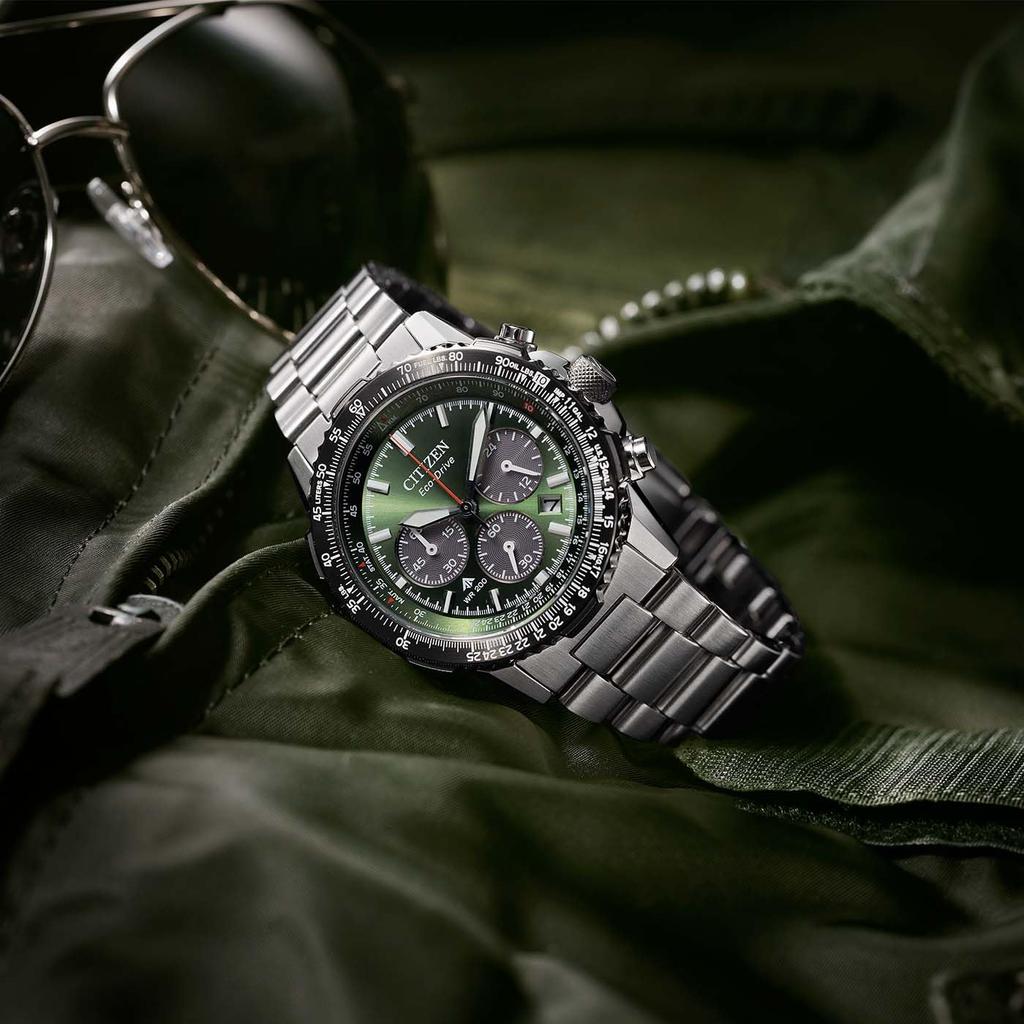 Citizen Chronograph Watch Stainless Steel Case Sapphire Green Dial CA4664-60W Eco-Drive Men's – Gold-tone & Band, Crystal,