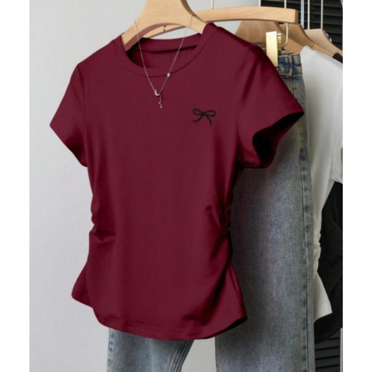 Korean Version Summer T-shirt Slim Fit Plus Size Waist Cinching Top New Shoulder Short Sleeved Slimming Effect Versatile Chubby