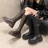 2025 весна и осень новые высокие коричневые маленькие ботинки, но ботфорты на толстой подошве, рыцарские ботинки, ботинки, женские