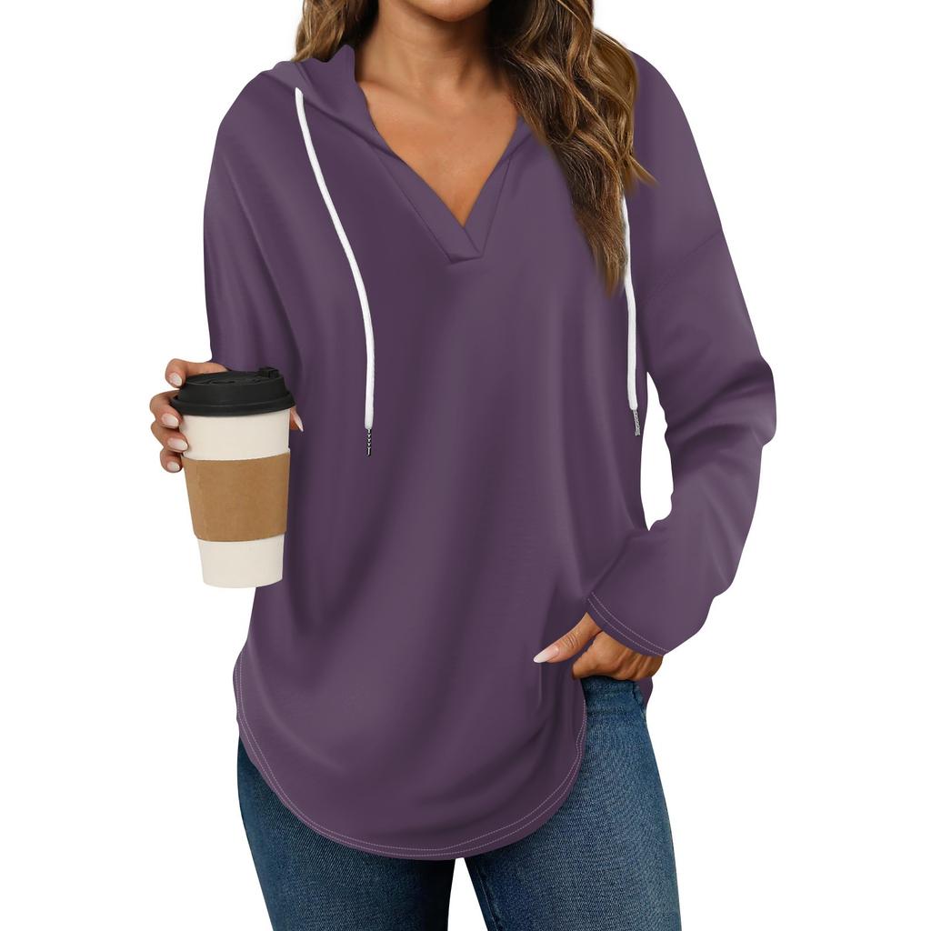 Women's Fashion Hoodies V Neck Long Sleeve Solid Drawstring Casual Loose Pullover Tops
