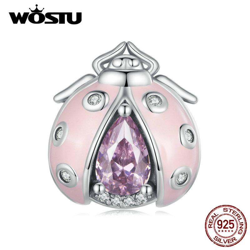 WOSTU 925 Sterling Silver Pink Enamel Ladybird Beads Pink Zircon Ladybug Charms for Women Bracelet and Bangle DIY Fine Jewelry