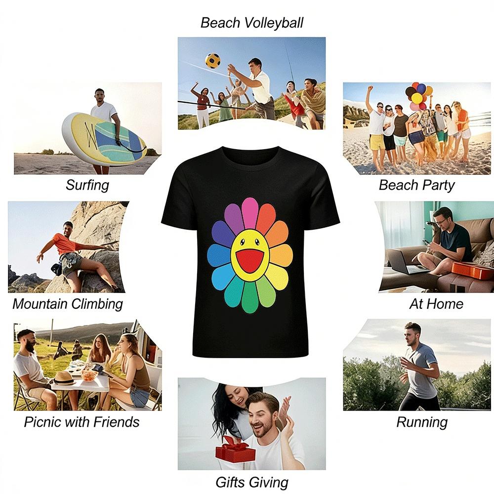 Classic Takashi Murakami Rainbow Sunflower Print Casual Tee Pure cotton T-shirt