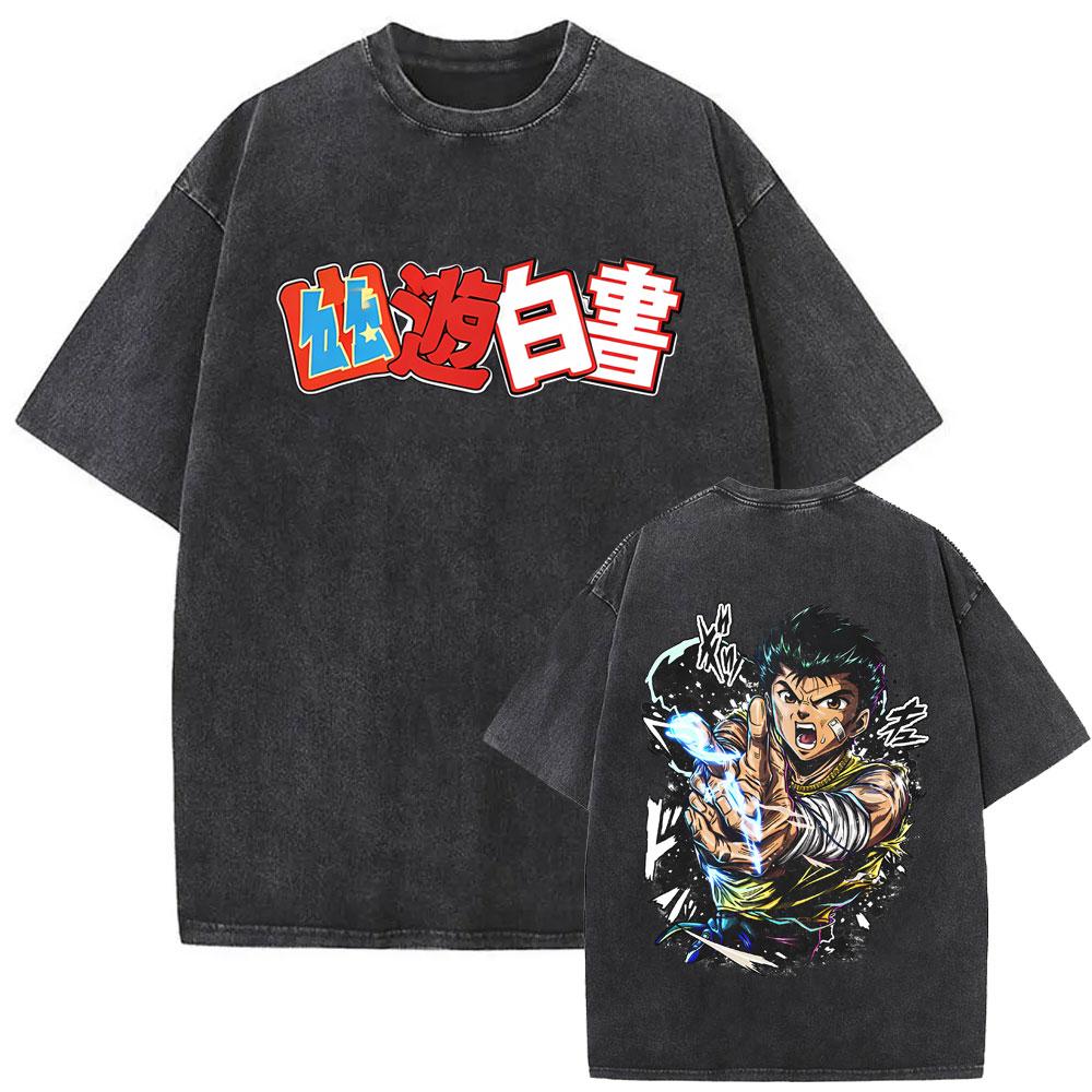 Аниме YuYu Hakusho Винтажная стираная футболка Мужская Женская Одежда Мультяшная Оверсайз Футболка Мужская Хип-Хоп Ретро Футболки Уличная одежда