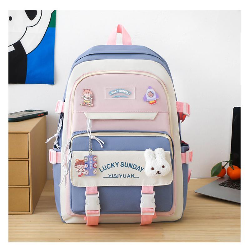 Middle School Boys and Girls School Bags Fashion Canvas Color Blocked Primary Student Backpack 5 Pcs Set Satchel with Tutoring Bag