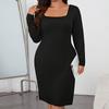 Женское платье с длинным рукавом и квадратным воротником, высокой талией и разрезом, тонкое сексуальное платье с запахом на бедрах, темпераментное модное черное платье больших размеров