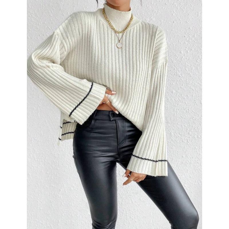 Women S Loose Long Sleeve Knitted Sweater Color Block Patchwork Casual