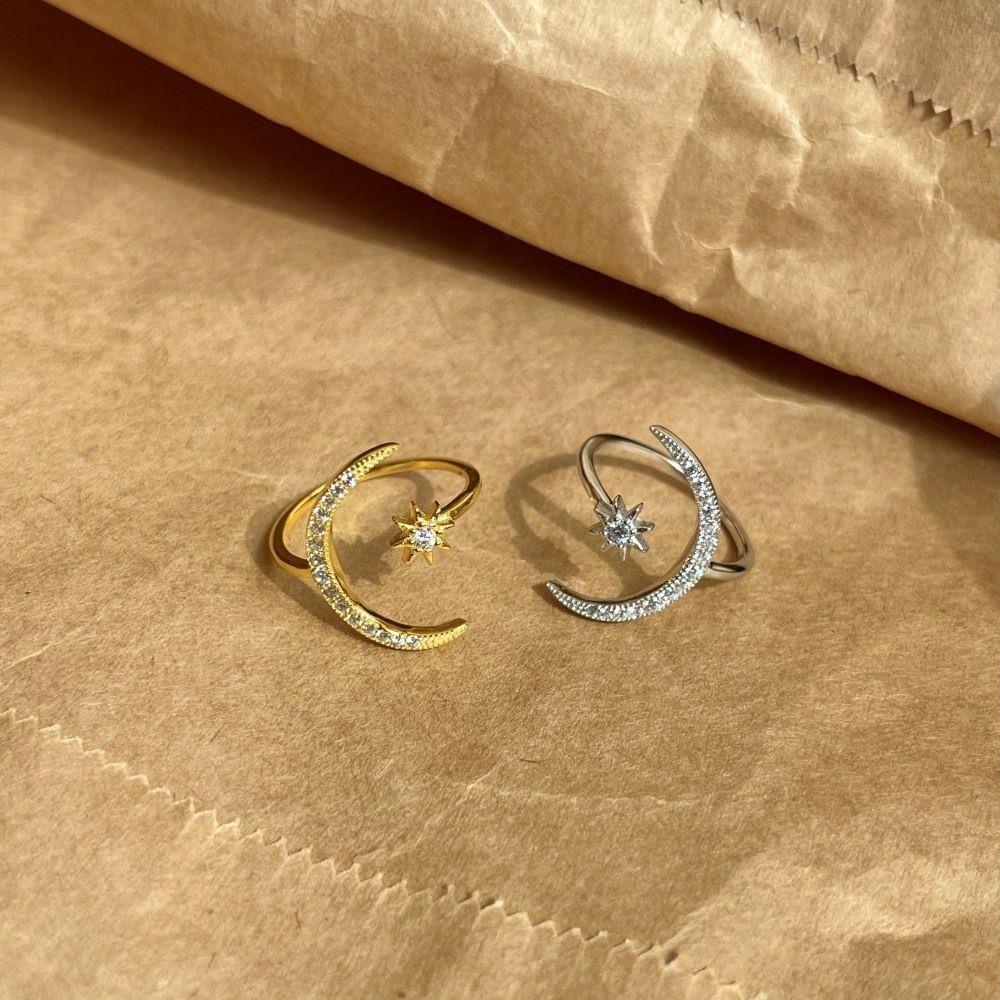 Korean Style Couple Ring Rhinestone Crescent Moon Ring Creative Star Moon Opening Rings  Decoration