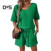 Женский повседневный наряд из 2 шт./компл., футболка с v-образным вырезом и короткими рукавами, эластичная резинка на талии, широкие шорты, комплект, сплошной цвет, тканевый наряд с морщинами