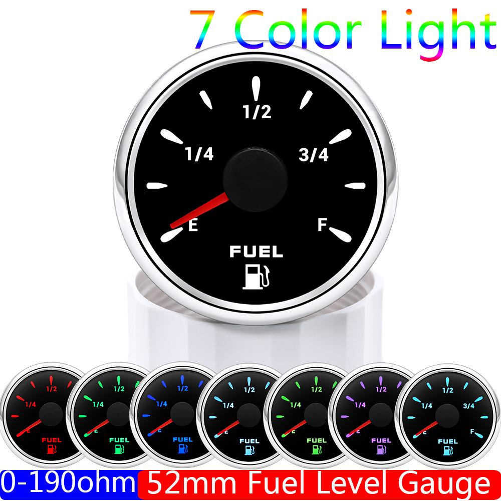 7 Color Backlight 52MM Fuel Level Gauge 0-190 Ohm Water Tank Gauge Meter Indicator 240-33 Ohm Oil Level Meter Auto Car Gauge