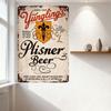 Vintage Yungling’s Plisner Beer Metal Tin Sign, Aged White Background with Rust Texture, Red Cursive & Black Script Design for B