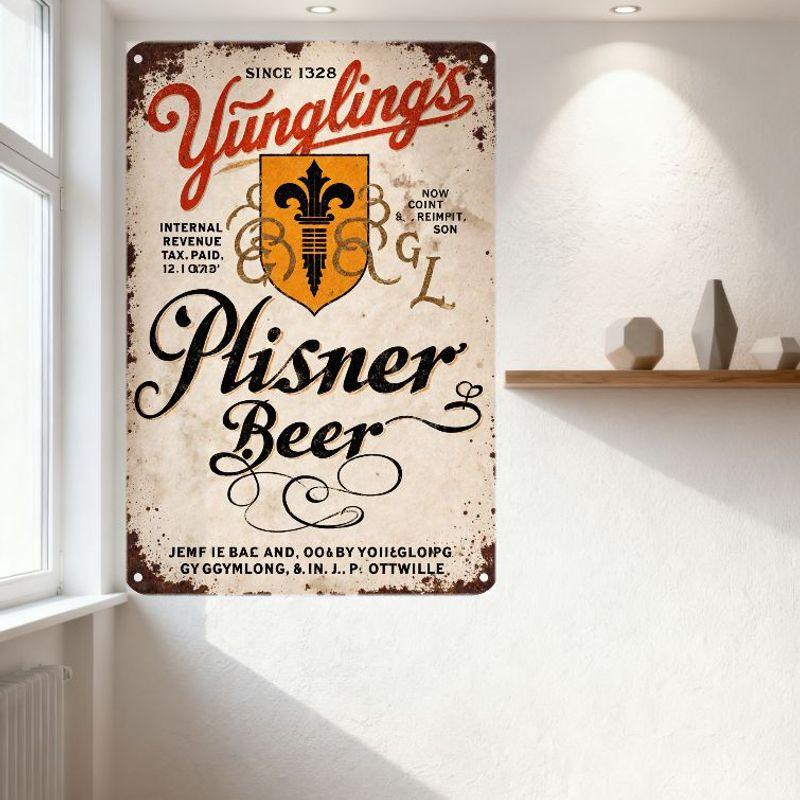 Vintage Yungling’s Plisner Beer Metal Tin Sign, Aged White Background with Rust Texture, Red Cursive & Black Script Design for B