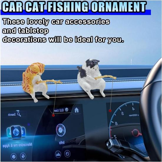2PCS Cute Fishing Cat Car Accessories - Resin Pussy Dashboard Ornament & Rearview Mirror Decoration for Car Interior, Funny Cartoon Cat Figurines