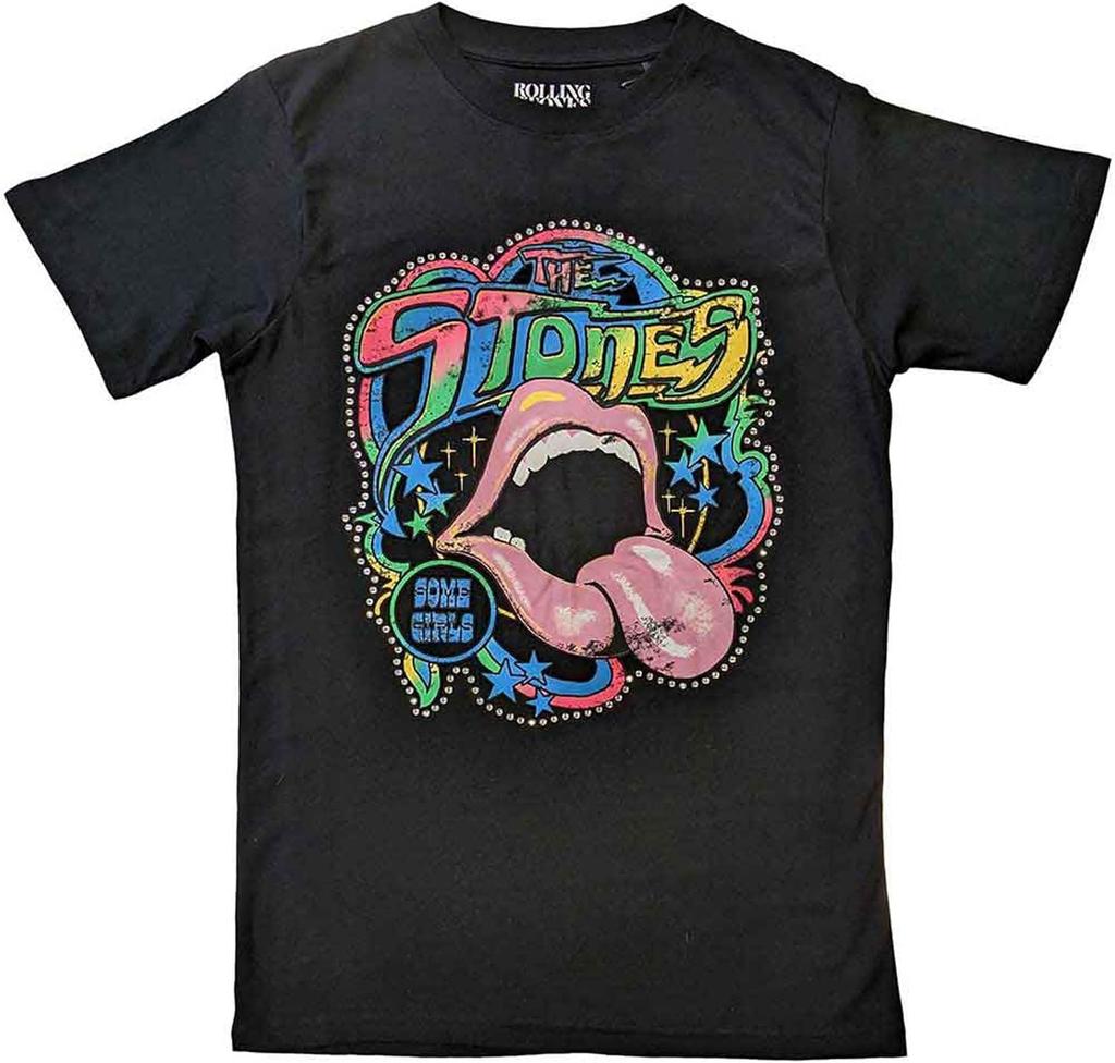 T Shirt Some Girls Neon Diamante Tongue Official Unisex Black