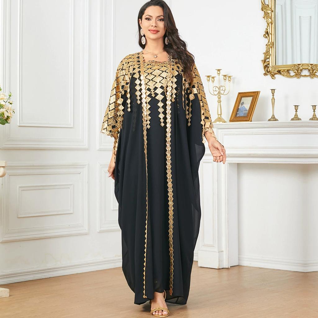 Women Spring Summer Metallic Muslim Robe Loose Two-piece Dress
