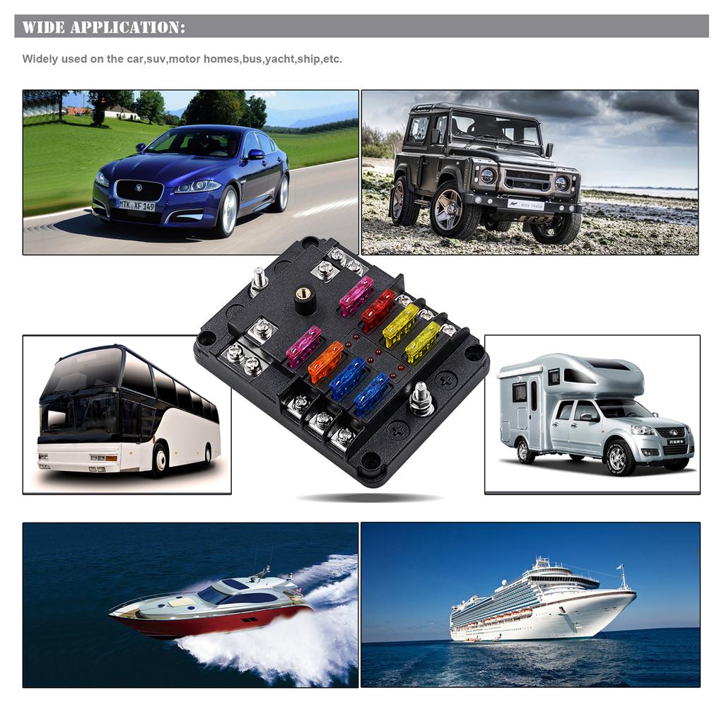 Waterproof 12 Volt Fuse Block, 6 Way with 6 Ground Negative Busbar[100 Amp Max] [ATC/ATO Fuses] [LED Indicator] [2 Spare Fuse Slots] for Car Boat Etc.