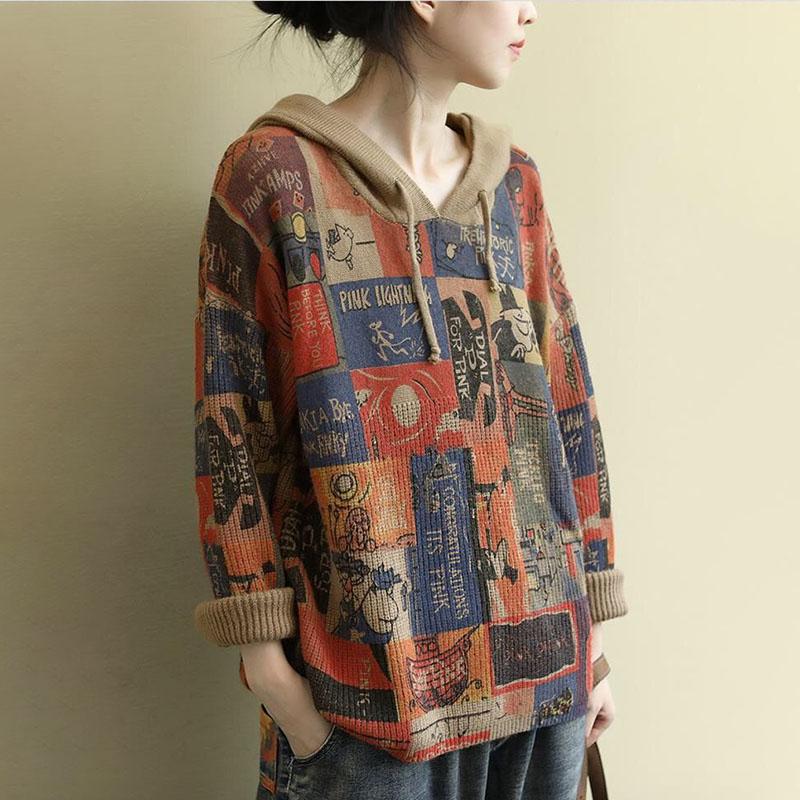 Knit Hooded Sweatshirt Loose Printed Sweater Jacket Literary Retro Casual Fashion Sweatshirt