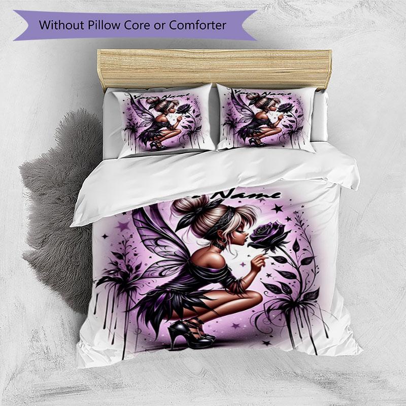 3PC Custom Name Fairy Black Wings Rose Bedding Set Printed Bedding Set Duvet Cover Closure Includes 1 Duvet Cover & 2 Pillowcases for All Seasons Bedr
