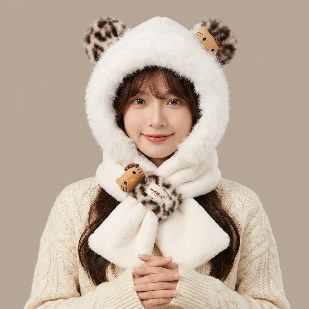 Love KT leopard print plush hat and scarf integrated women's autumn and winter thickened warm cycling windproof and cold proof hooded scarf