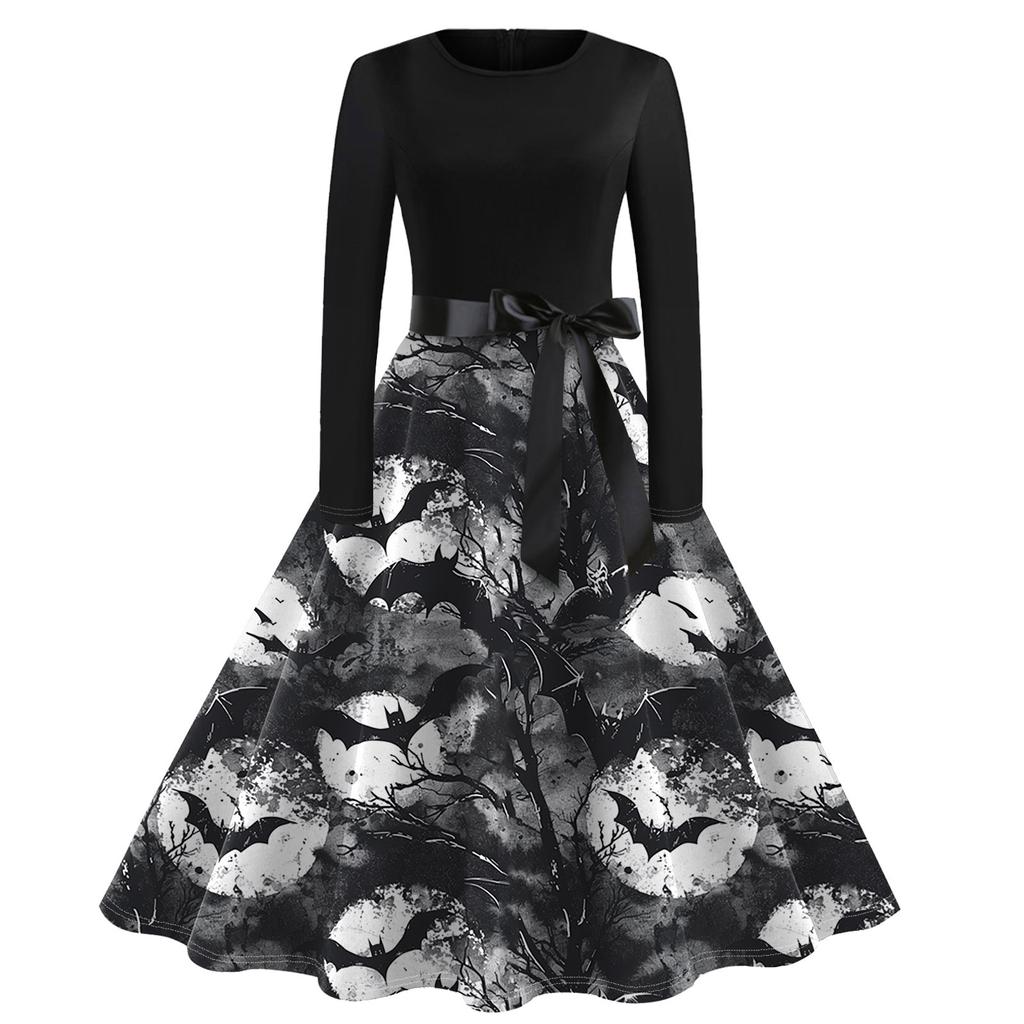 Halloween Print Flare Dress For Women Long Sleeve Dress Hollow Party Casual Dresses