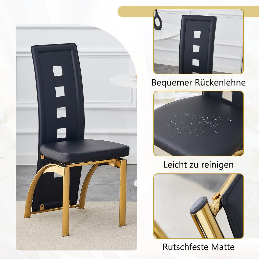 [Set of 2] European dining chairs with perforated pattern, black PU leather + gold metal legs, 102.5 cm height, suitable for modern dining areas.