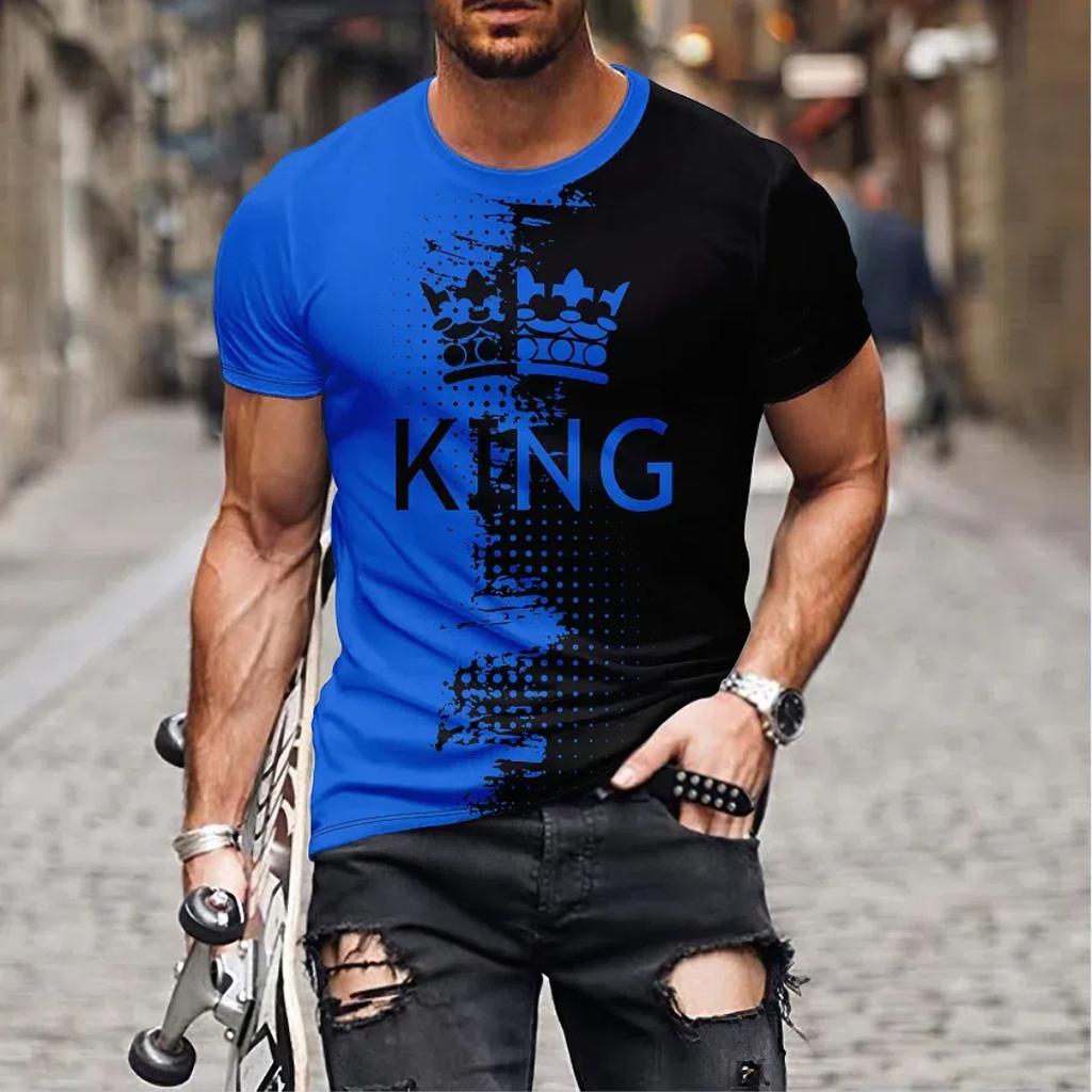 Men's Casual Short Sleeved T-shirt with Round Neck KING Pattern Printed Top T-shirt for Men's Street Wear