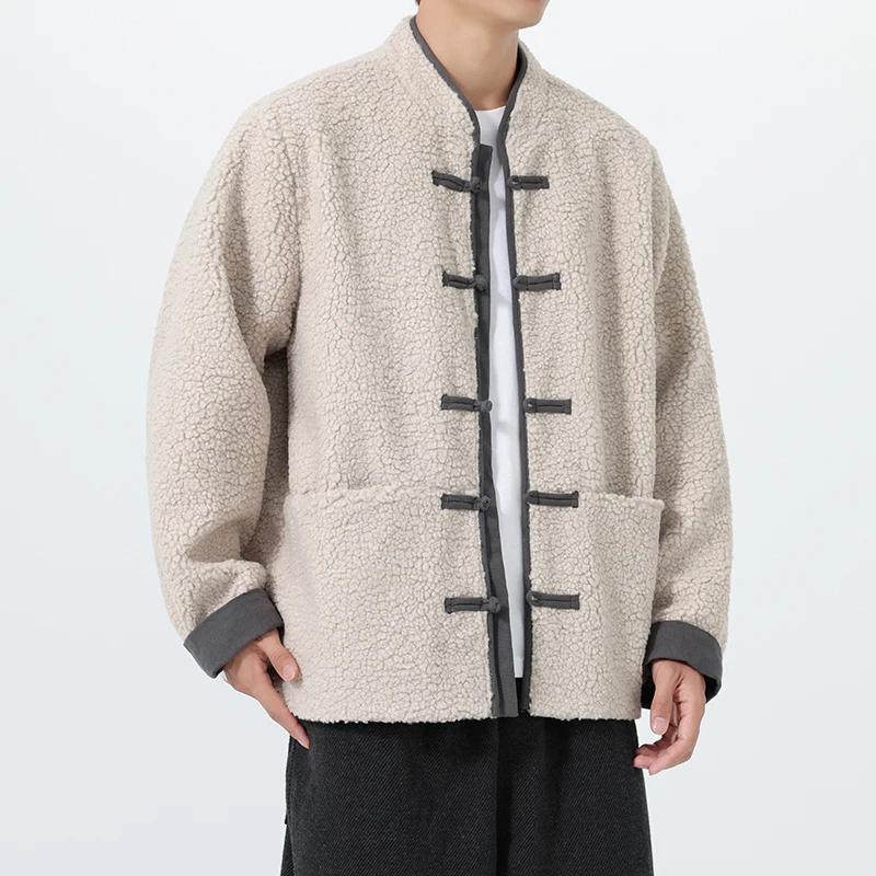 Осень Зима Мужские парки из овечьей шерсти Мужская хлопковая куртка с подкладкой Мужское винтажное пальто на пуговицах в китайском стиле Теплое пальто со стойкой воротником Верхняя одежда