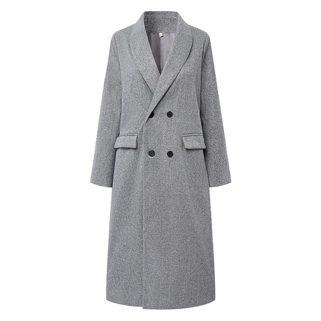 Women's Gray Long Sleeve Winter Woolen Coat