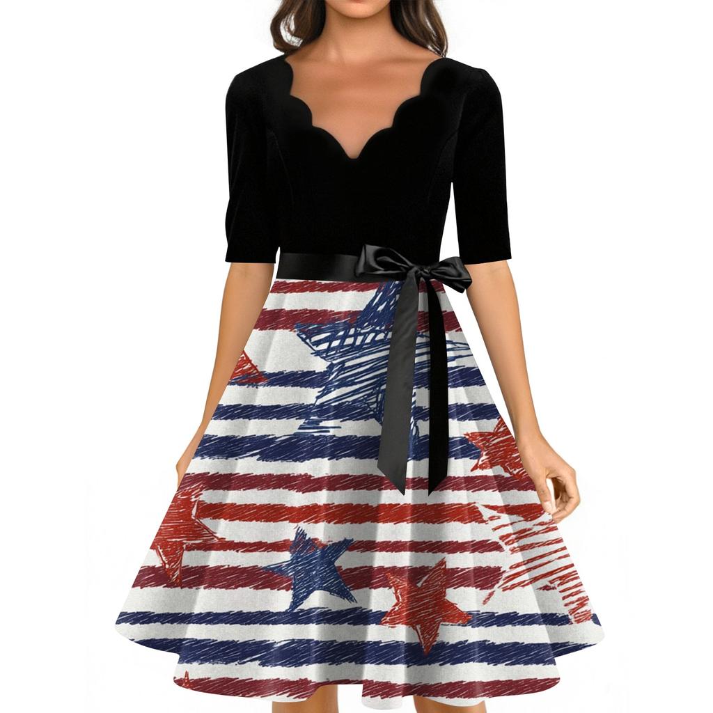 Women's Casual Fashion V-neck Retro Short-sleeved Dress With Flag Independence Day Print