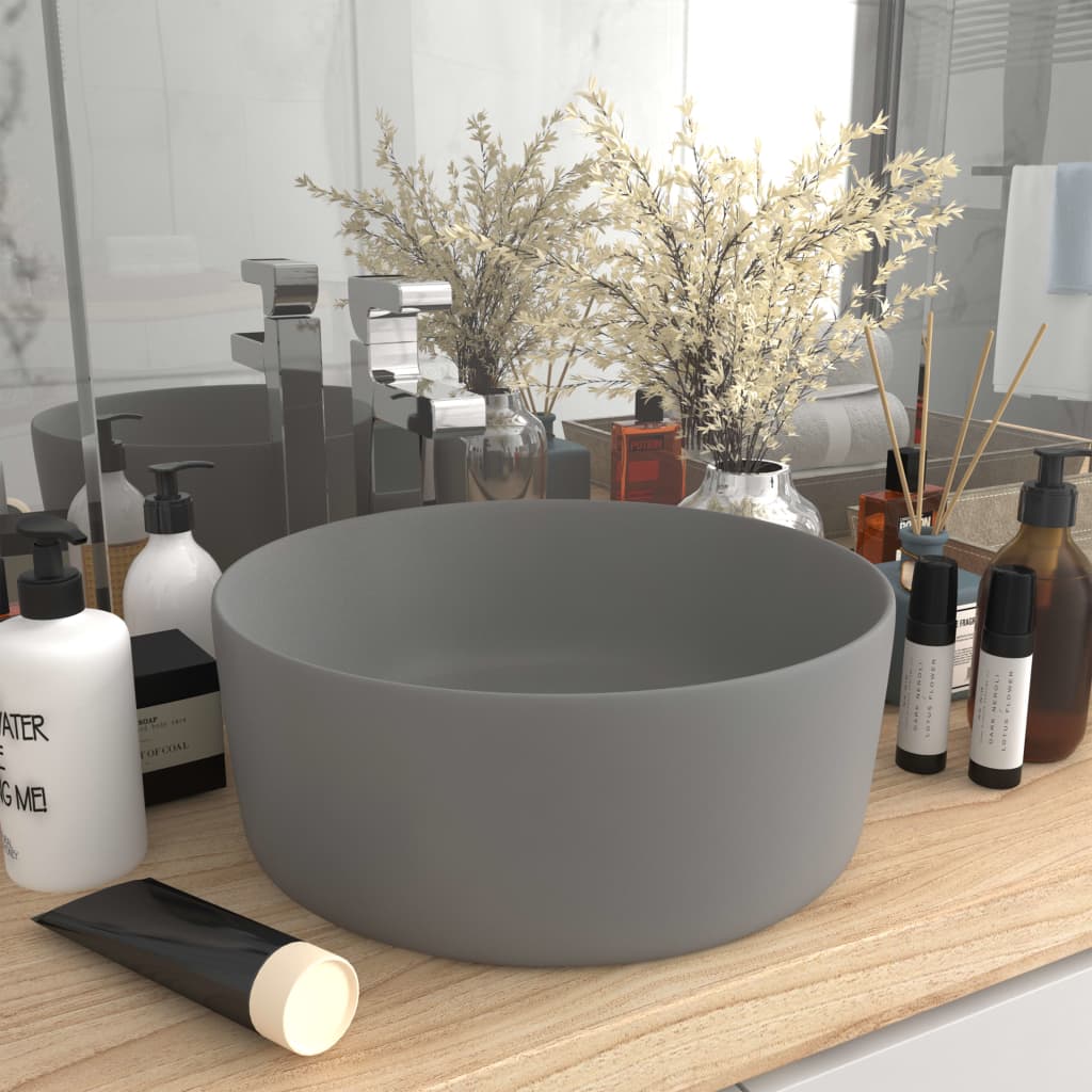 Luxury Round Wash Basin Matte Light Grey 40x15 cm Ceramic