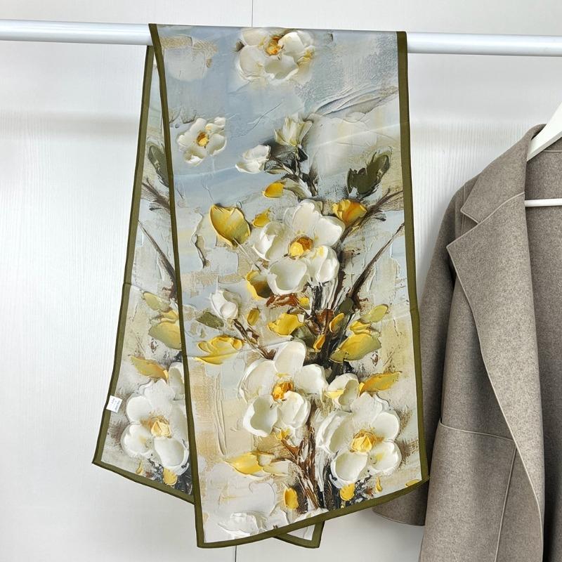 Oil painting magnolia thin silk crepe de chine scarf long scarf 100% mulberry silk summer sunscreen