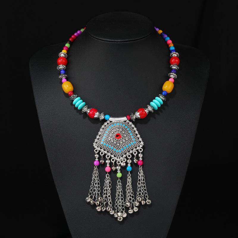 Vintage Tibetan Necklace, Bell Tassel, Color Beaded Collar, Yunnan Travel Sweater Chain Accessories Women