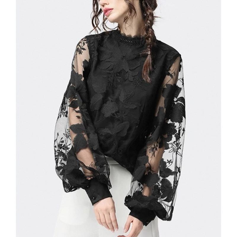 Women's Top Lace Bubble Sleeve Round Neck Long Sleeves Solid Colour Blouse